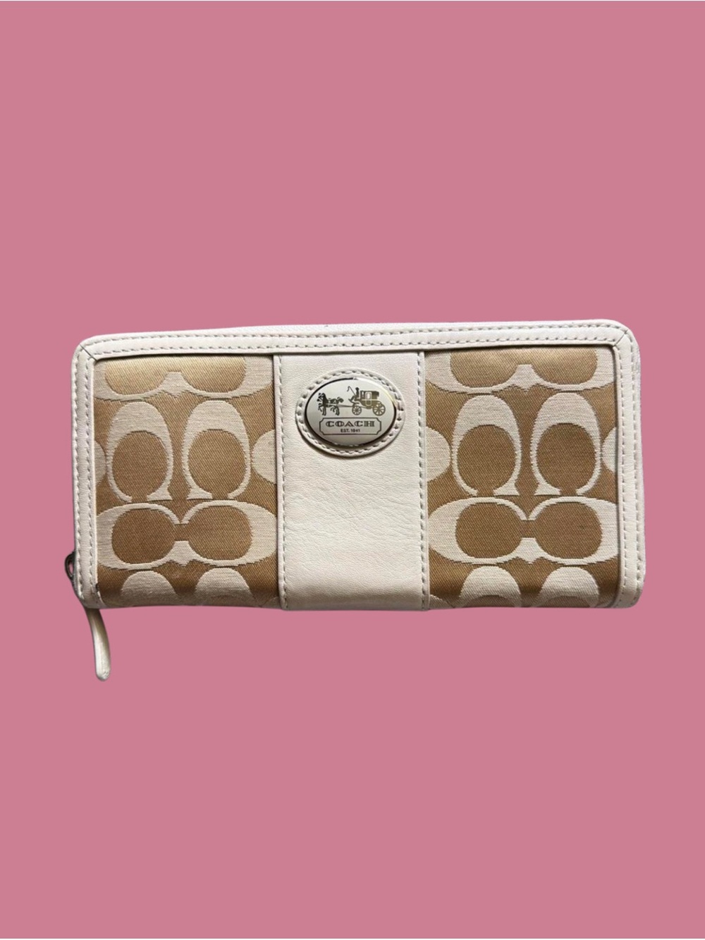 Coach Beige & White Signature Continental Zip Wallet
